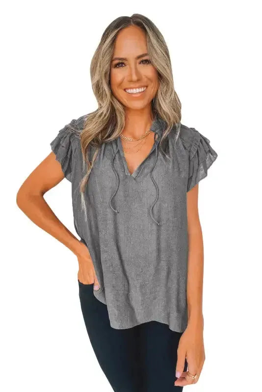 Pink Tiered Ruffled Drawstring V Neck Top - Fashionfitz