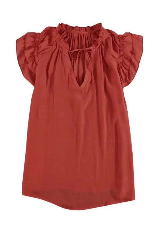 Pink tiered ruffled drawstring v neck top - t-shirts