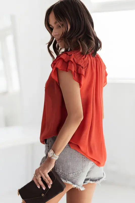 Pink tiered ruffled drawstring v neck top - t-shirts