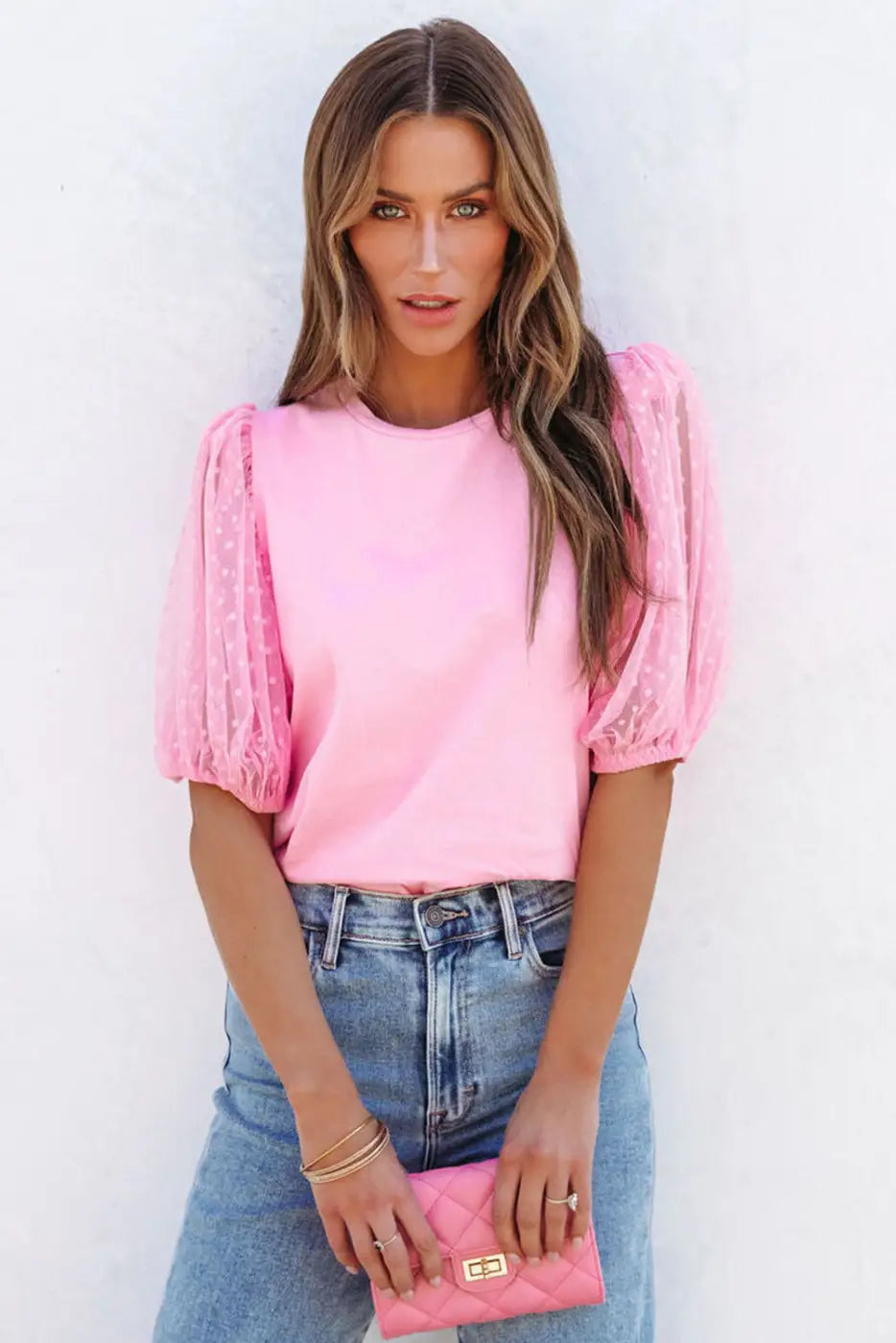 Pink tulle puff sleeve top - t-shirts