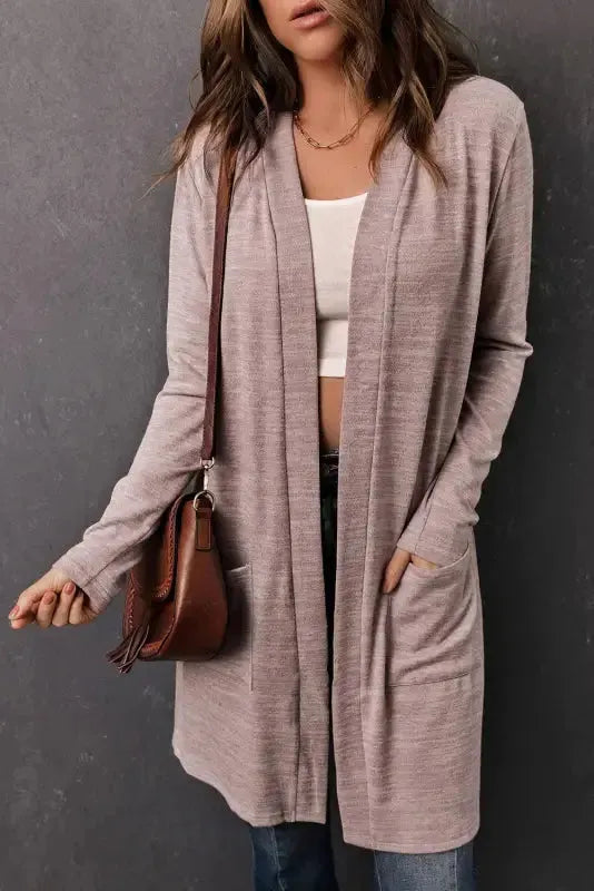 Pink tunic back open front pocketed long cardigan front view — Fashionfitz UK