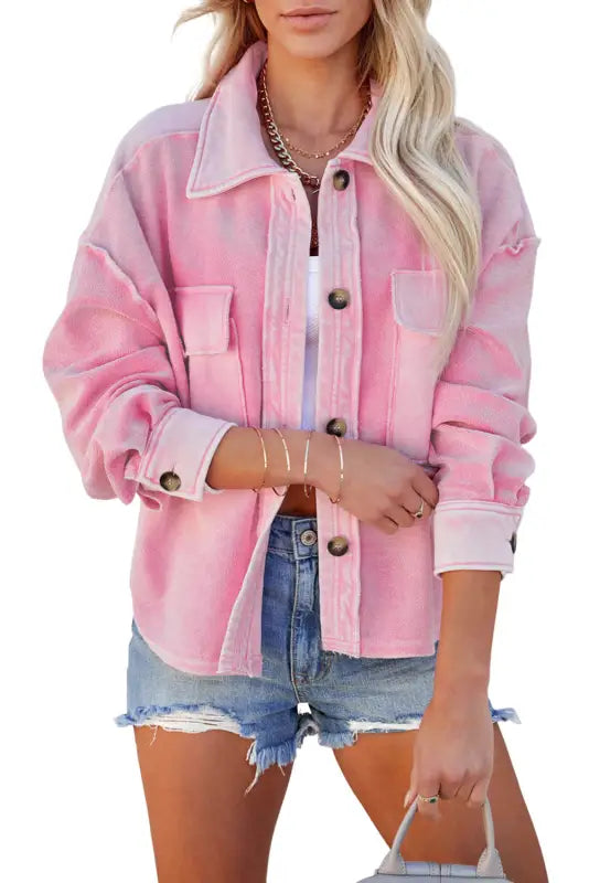 Pink turn-down collar pockets shirt jacket - shackets