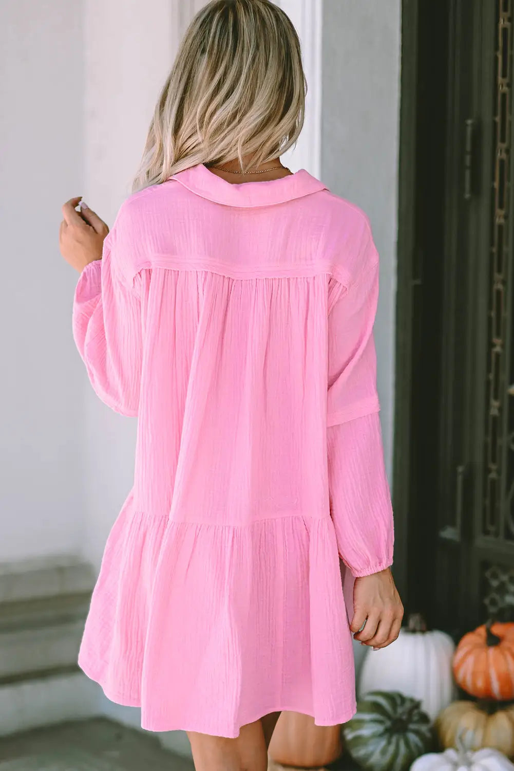 Pink turn - down neck textured bubble sleeve dress - mini dresses