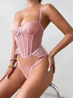 Pink Two-piece Lingerie Set - Mesh - Fashionfitz