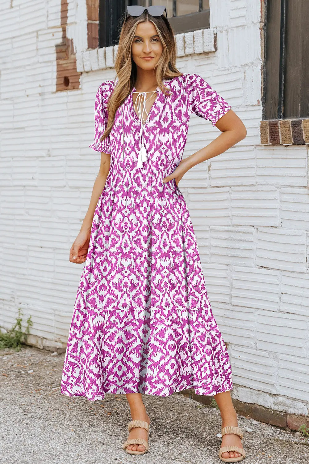 Pink v neck casual geometric print maxi dress - dresses