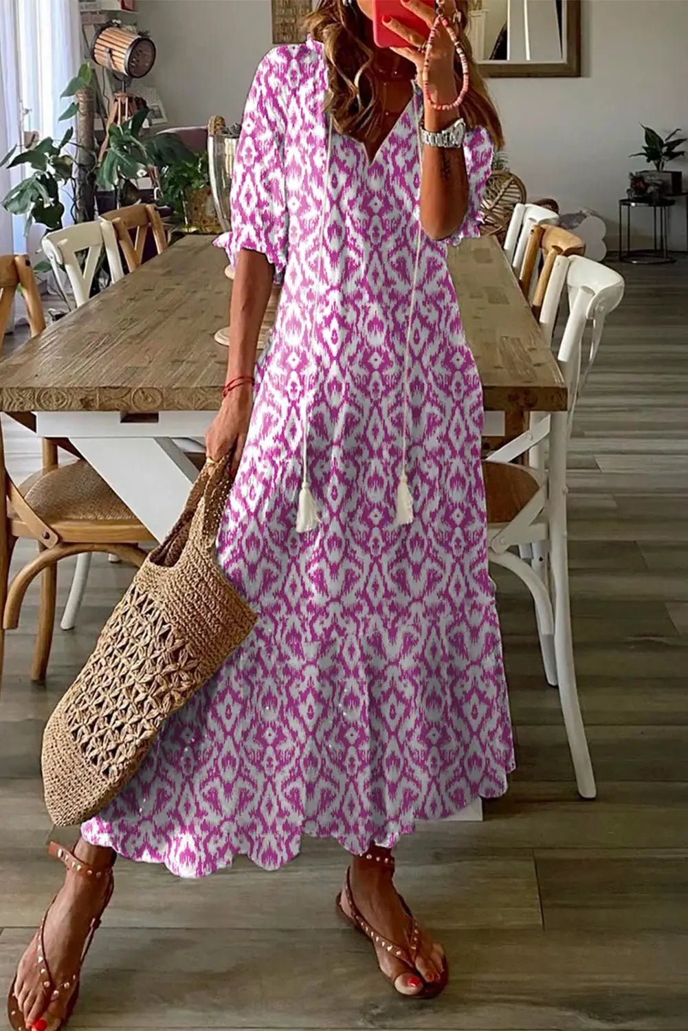 Pink v neck casual geometric print maxi dress - s / 100% polyester - dresses