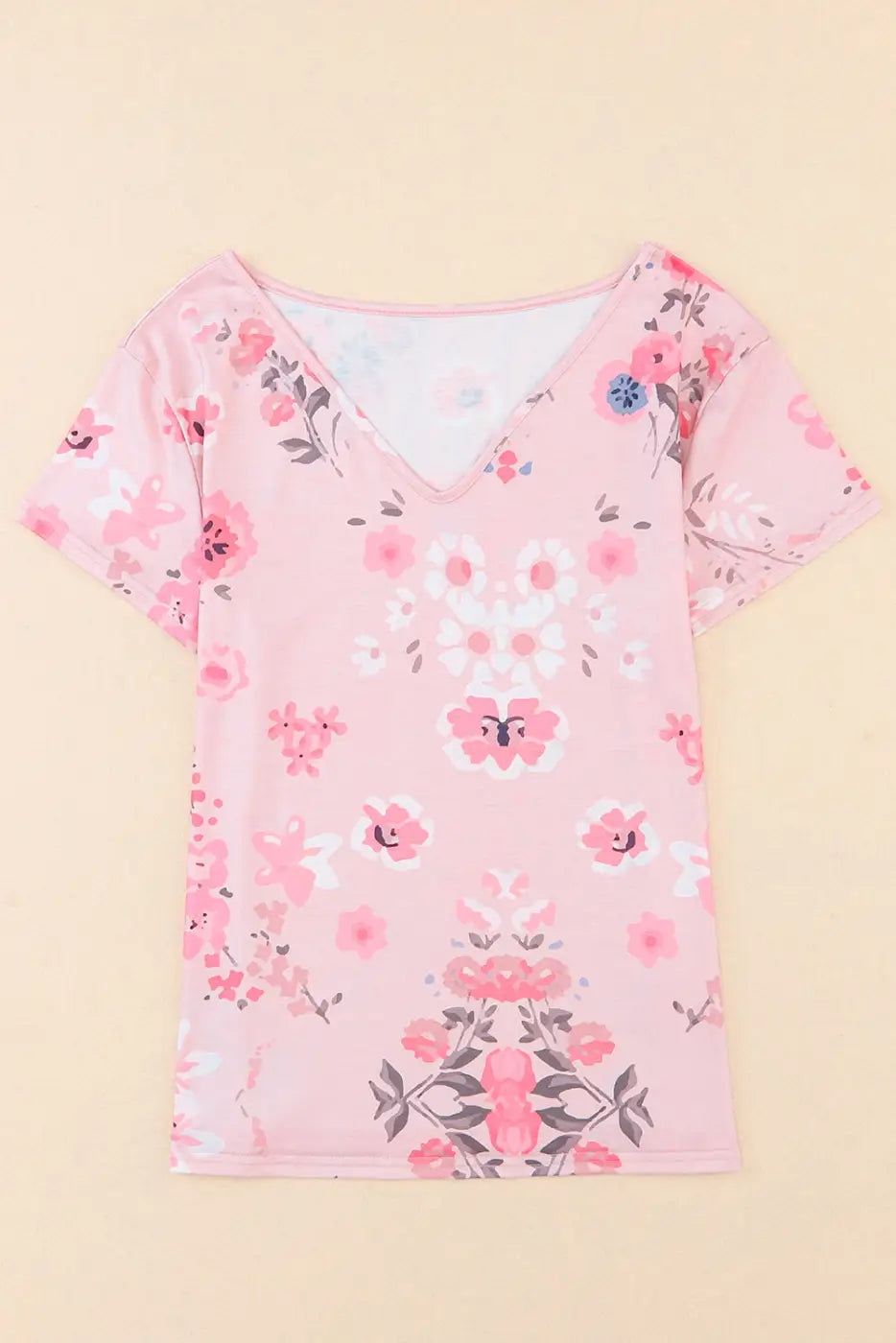 Pink v neck floral print t-shirt - t-shirts