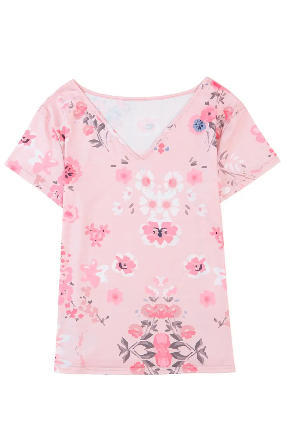 Pink v neck floral print t-shirt - t-shirts