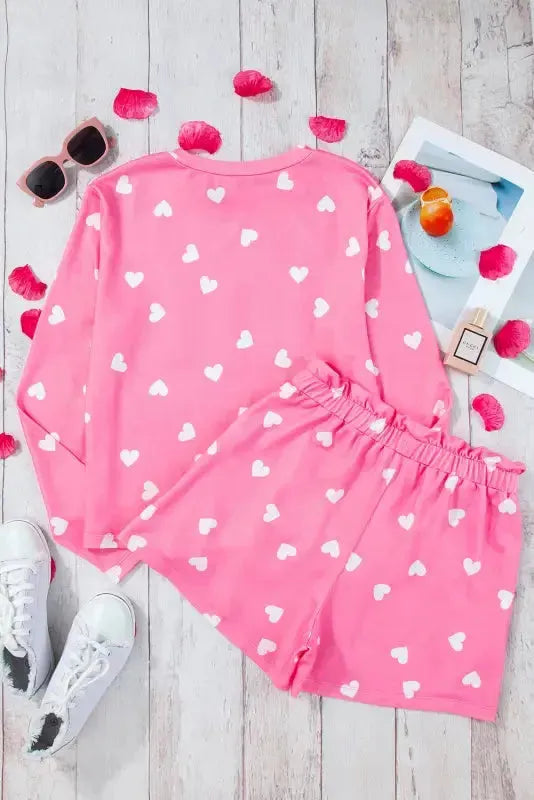 Pink Valentine Heart Print Long Sleeve Tee and Shorts Lounge Set - Fashionfitz
