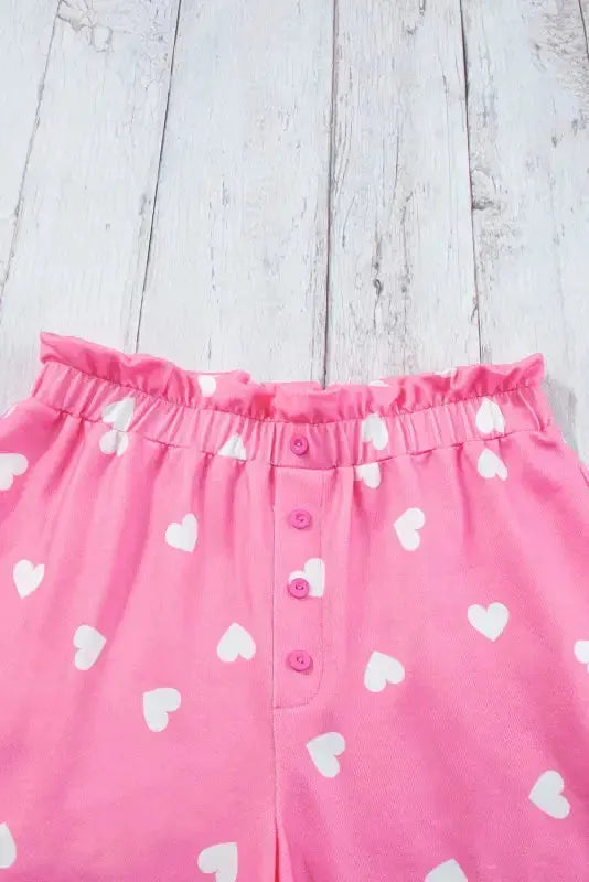 Pink Valentine Heart Print Long Sleeve Tee and Shorts Lounge Set - Fashionfitz