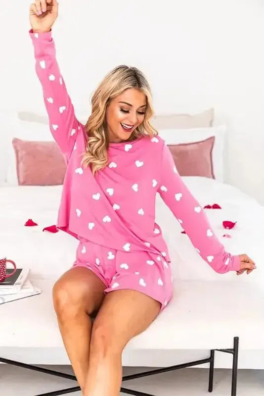 Pink Valentine Heart Print Long Sleeve Tee and Shorts Lounge Set - Fashionfitz