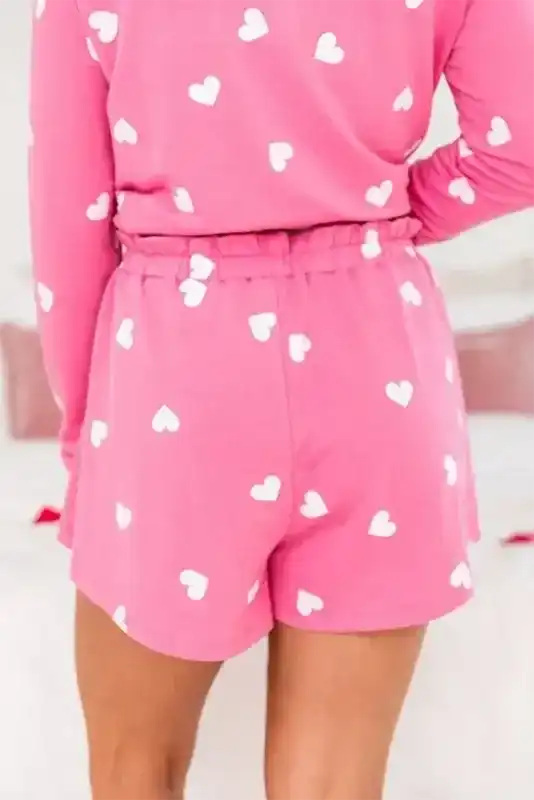 Back view of Pink Valentine Lounge Set shorts with white heart prints and elastic waistband, perfect for relaxed home wear.