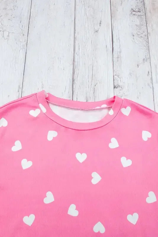 Pink Valentine Heart Print Long Sleeve Tee and Shorts Lounge Set - Fashionfitz
