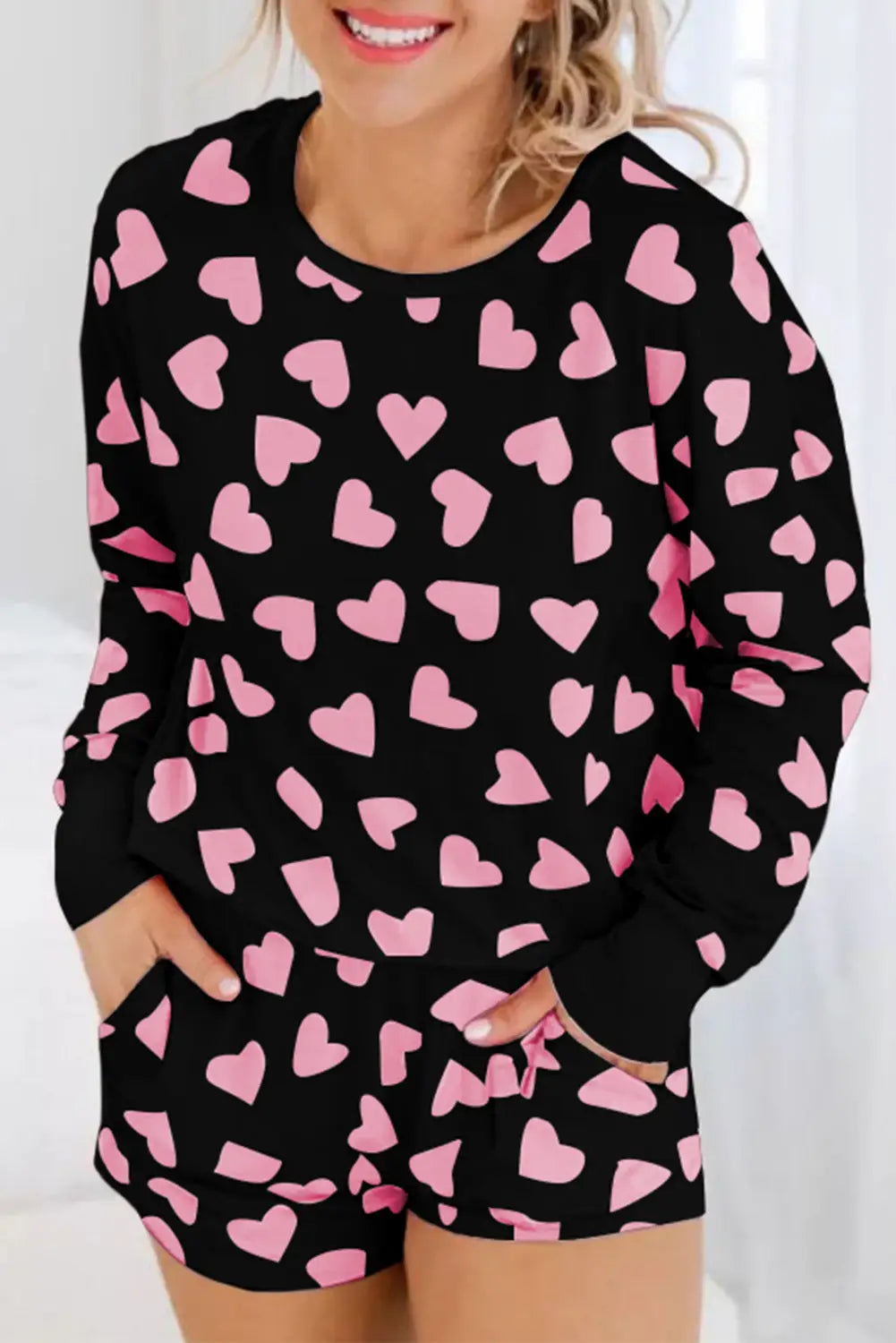 Pink valentine heart shape print long sleeve top shorts lounge set - black / s / 95% polyester + 5% elastane