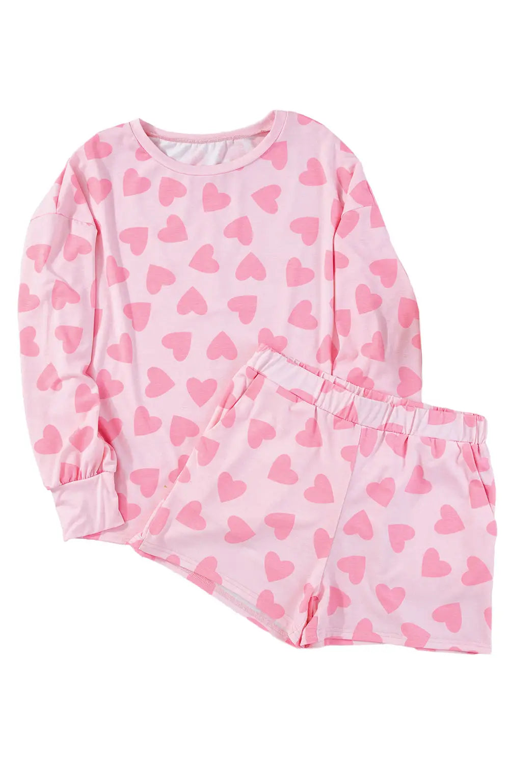 Pink valentine heart shape print long sleeve top shorts lounge set - loungewear