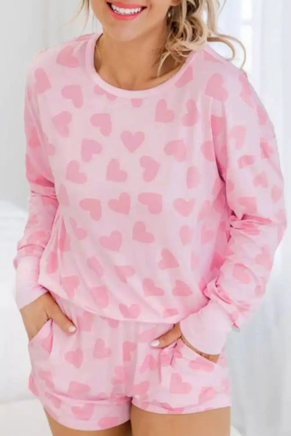 Pink valentine heart shape print long sleeve top shorts lounge set - pink1 / s / 95% polyester + 5% elastane