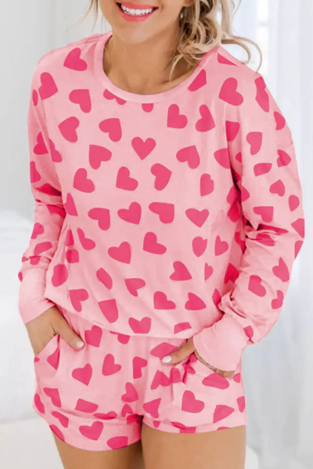 Pink valentine heart shape print long sleeve top shorts lounge set - s / 95% polyester + 5% elastane - loungewear