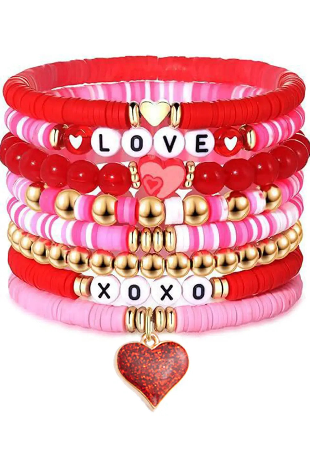 Pink valentines love xoxo heart shape beaded bracelet set - one size / polymer clay - bracelets