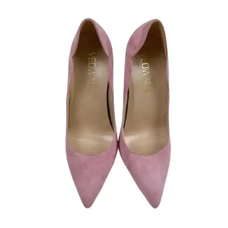 Top-down view of Luxury Pumps - Pink Velvet High Heels Stiletto Shoes with pointed toe and branded insole. Stylish and comfortable for formal events.