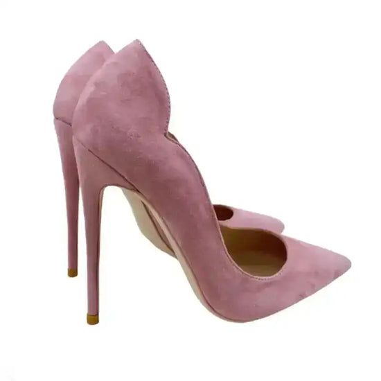 Luxury Pumps - Pink Velvet High Heels Stiletto Shoes with scalloped collar and pointed toe design. Elegant suede finish for formal wear.