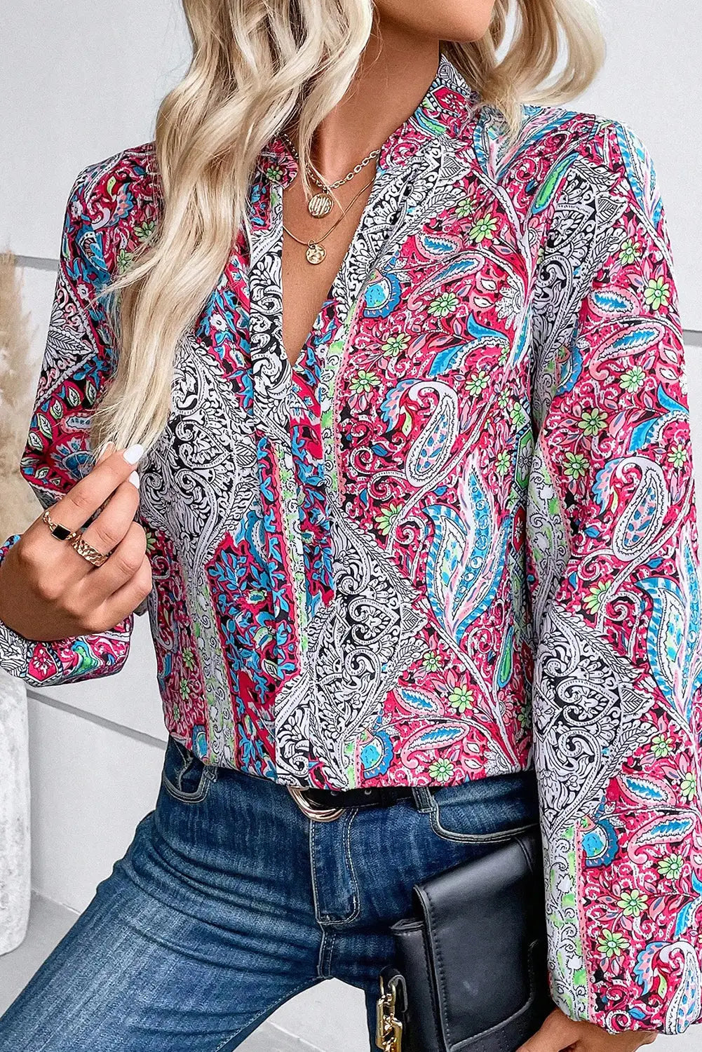 Pink vintage boho paisley print notched neck blouse - l / 100% polyester - blouses & shirts