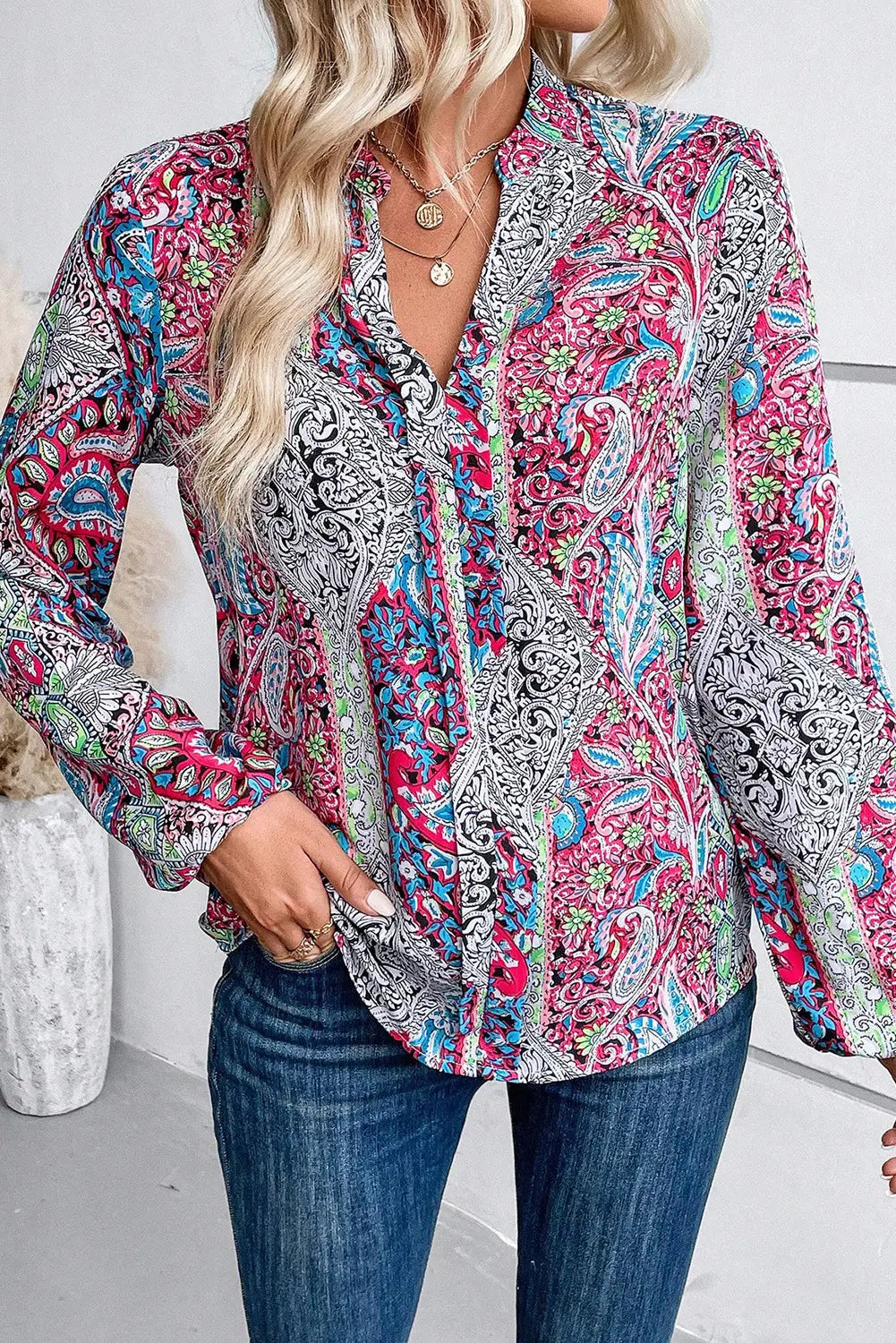 Pink vintage boho paisley print notched neck blouse - blouses & shirts