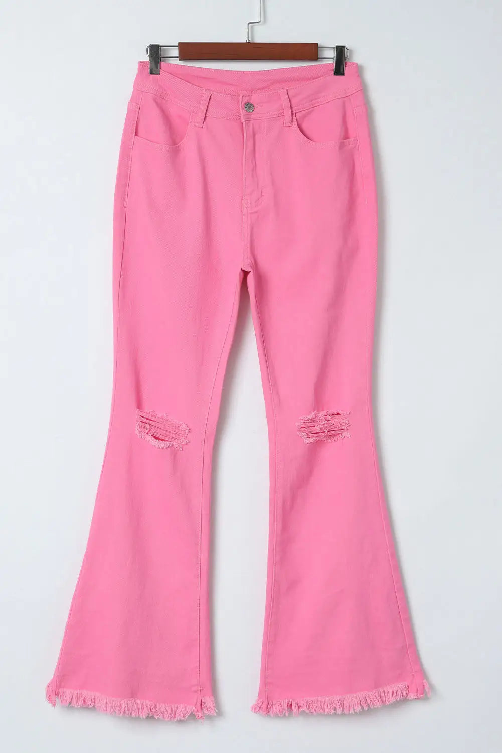 Pink vintage high waist flare leg ripped raw hem jeans