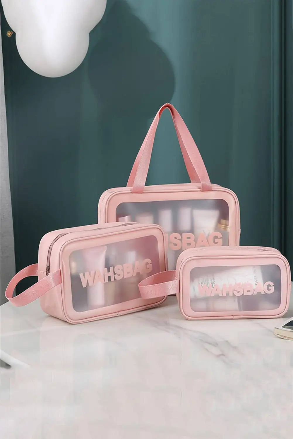 Pink washbag print clear frosted waterproof 3pcs bag set - one size / 100% abs - travel bags