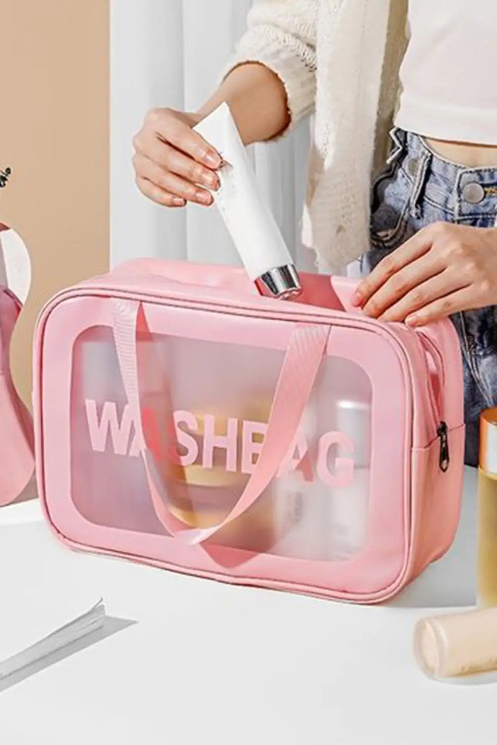 Pink washbag print clear frosted waterproof 3pcs bag set - one size / 100% abs - travel bags