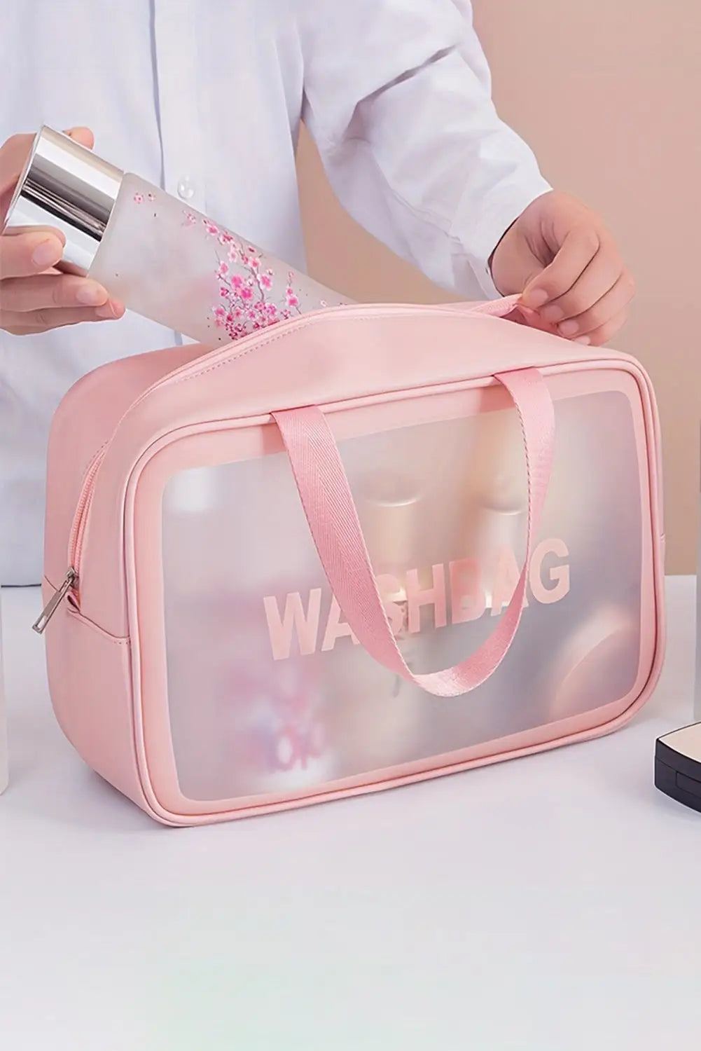 Pink washbag print clear frosted waterproof bag set - one