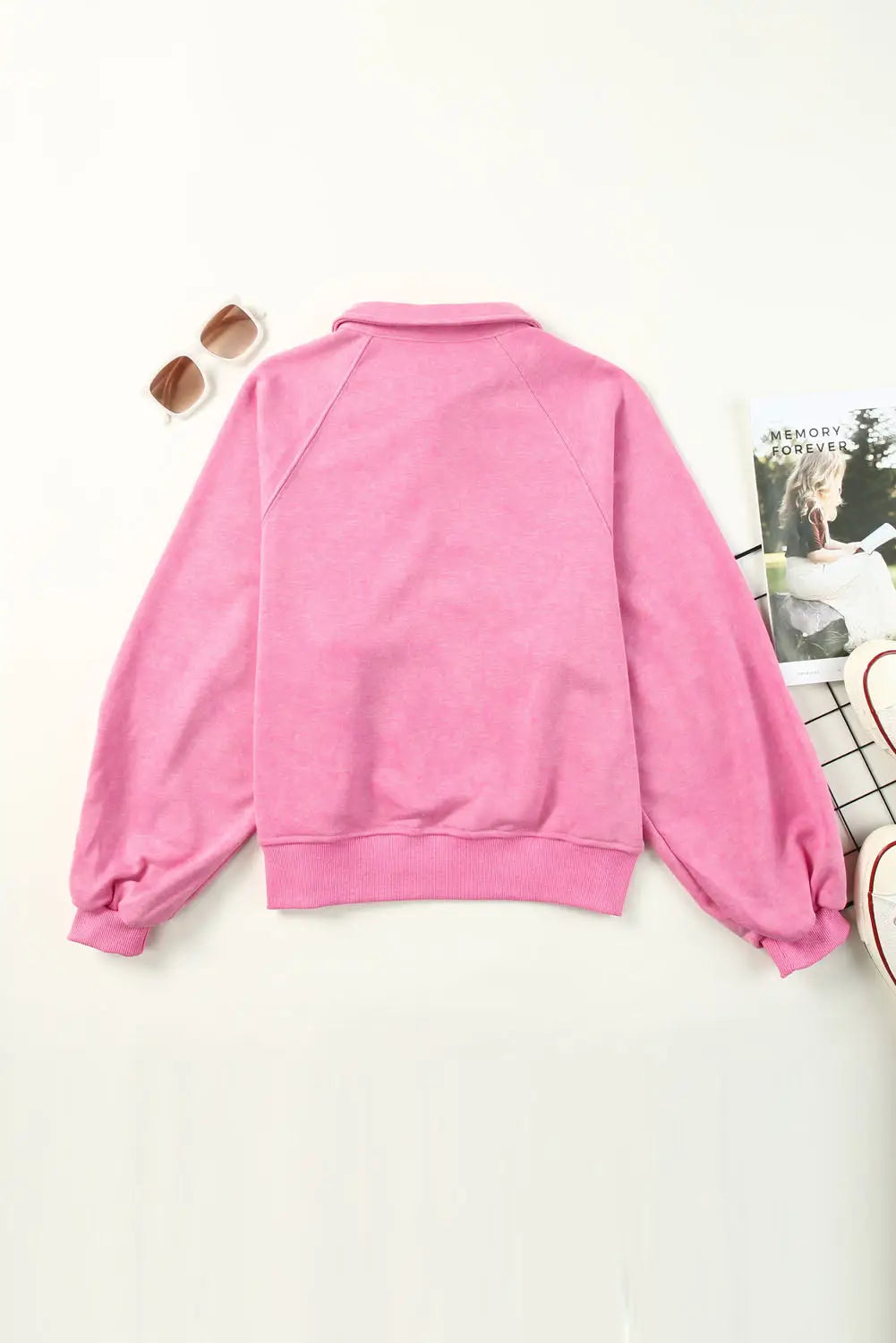 Pink washed snap buttons lantern sleeve pullover sweatshirt - tops