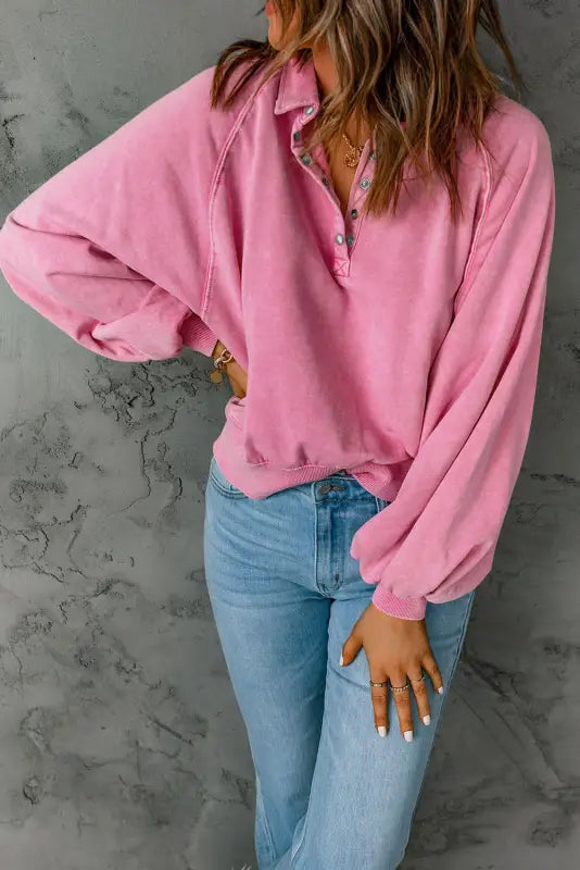 Pink washed snap sweatshirt - sweatshirts