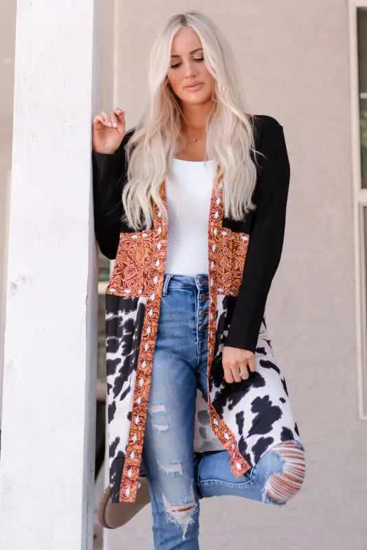 Pink western pattern open front cardigan - sweaters & cardigans