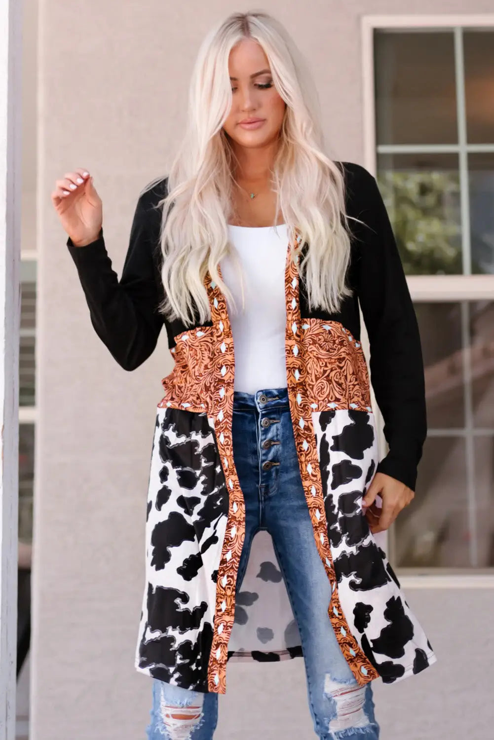 Pink western pattern open front cardigan - sweaters & cardigans