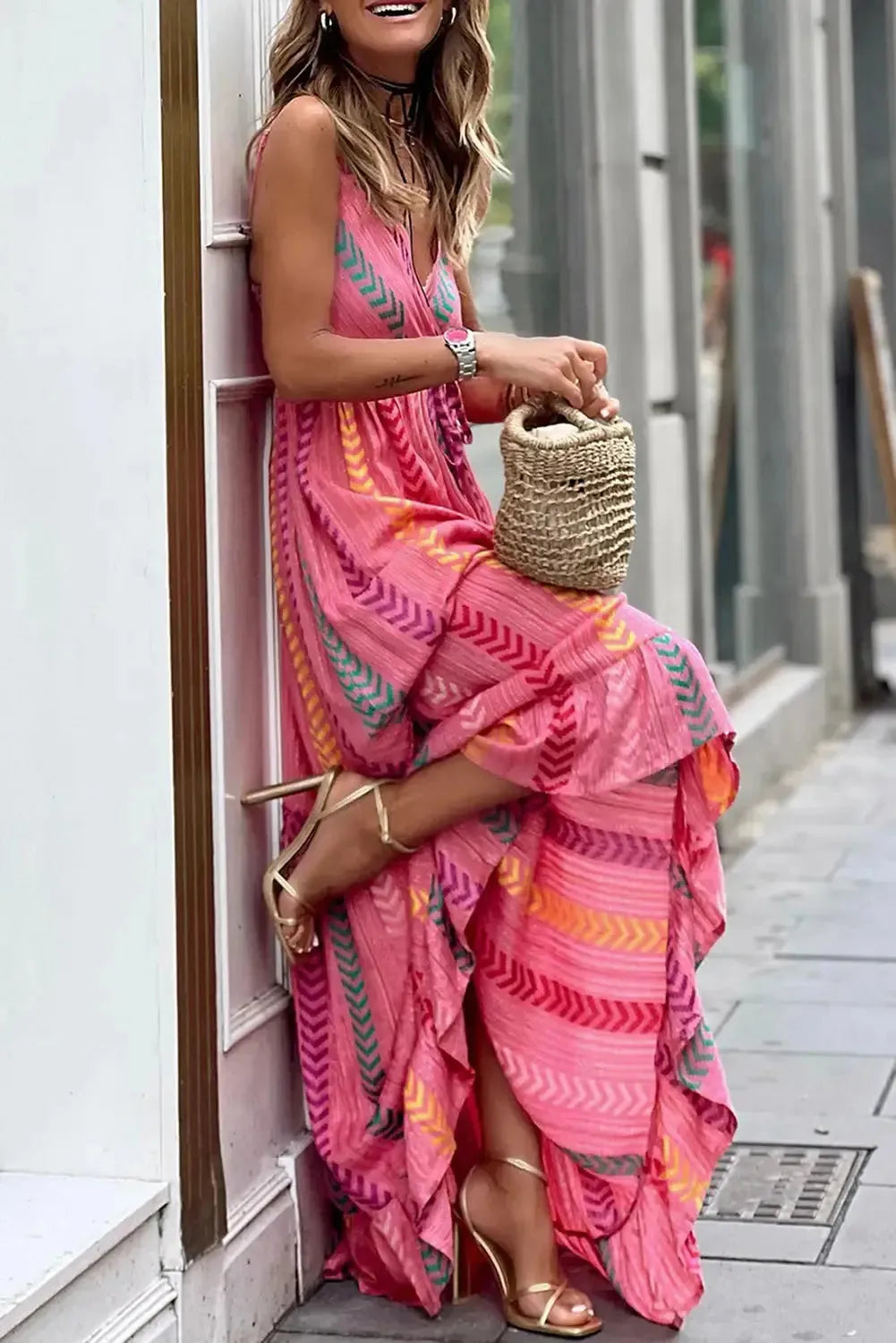 Pink Western Printed Tassel Tie V Neck Wrap Maxi Dress - Fashionfitz