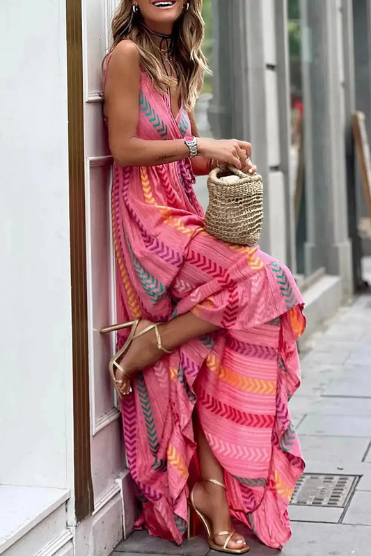 Pink Western Printed Tassel Tie V Neck Wrap Maxi Dress - Fashionfitz