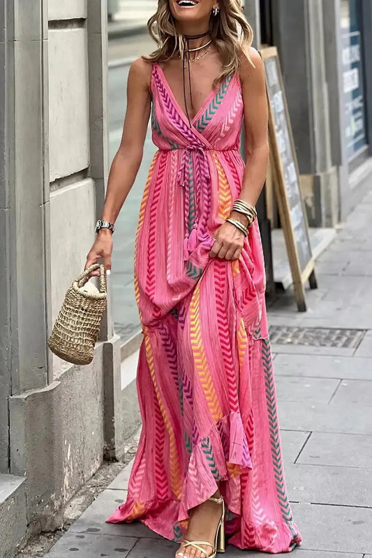 Pink Western Printed Tassel Tie V Neck Wrap Maxi Dress - Fashionfitz