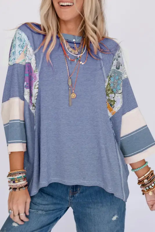 Pinstriped color block oversized top - sky blue printed / l / 95% polyester + 5% elastane - long sleeve tops