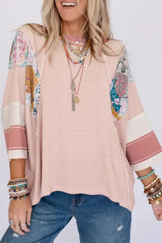 Pinstriped color block oversized top - pink printed / l / 95% polyester + 5% elastane - long sleeve tops