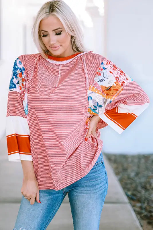 Pinstriped color block oversized top - long sleeve tops