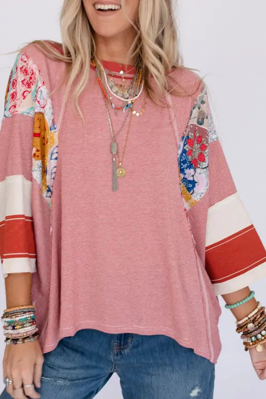 Pinstriped color block oversized top - long sleeve tops