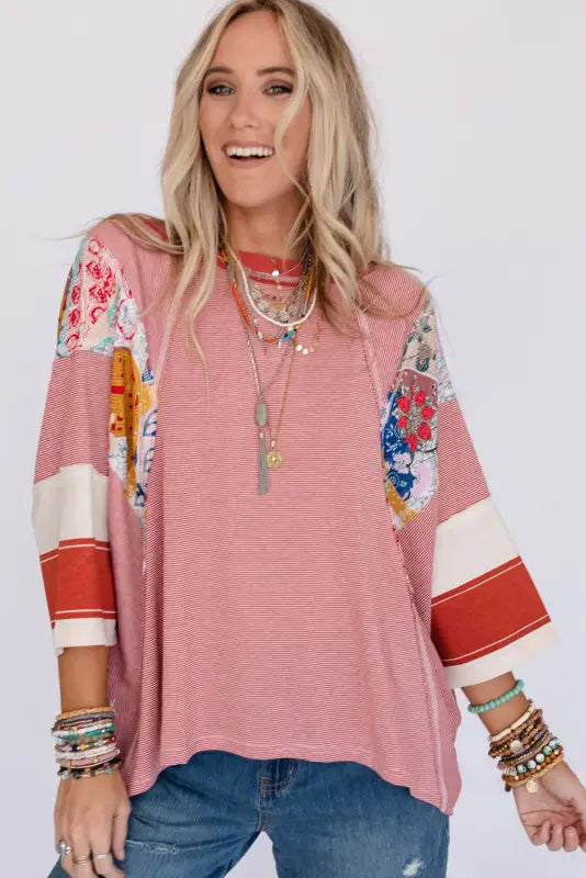 Pinstriped color block oversized top - long sleeve tops