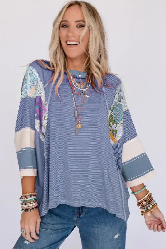 Pinstriped color block oversized top - long sleeve tops