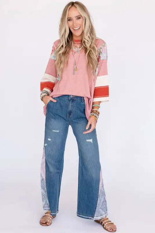 Pinstriped color block oversized top - long sleeve tops