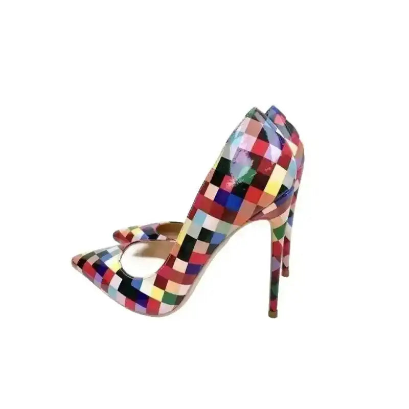 Detailed side view of Pixel High Heels Stiletto Shoes featuring high stiletto heel and vibrant color blocks for bold fashion expression.