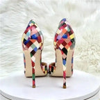 Back view of Pixel High Heels Stiletto Shoes showing slim stiletto heel and vibrant pixelated design, ideal for fashion-forward looks.