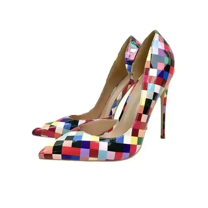 Colorful Pixel High Heels Stiletto Shoes by Fashionfitz, featuring glossy PU leather and elegant pump silhouette for women.