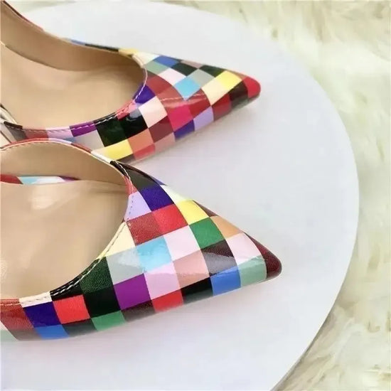 Close-up of pointed toe on Pixel High Heels Stiletto Shoes, highlighting glossy PU leather and colorful pixel pattern for trendy appeal.
