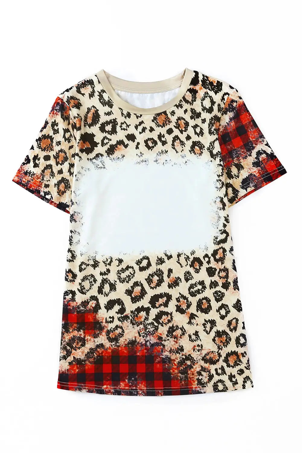 Plaid bleached leopard print short sleeve t shirt - t-shirts