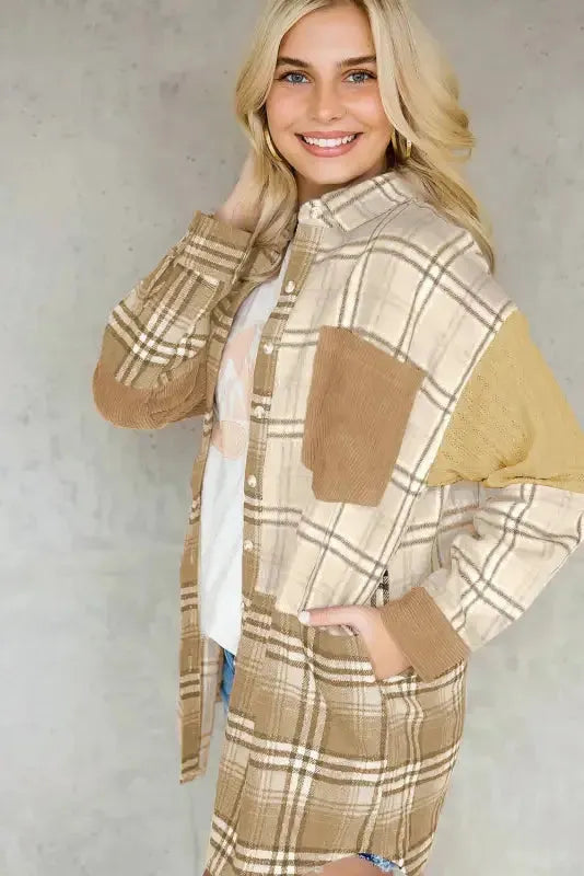 Plaid Color Block Patchwork Shacket - Fashionfitz